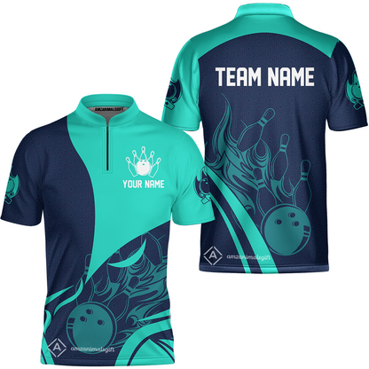 Customized Bowling Stand Collar Quarter-Zip Shirt, Flame Bowling Multicolor Custom Team Uniform Jersey for Bowlers