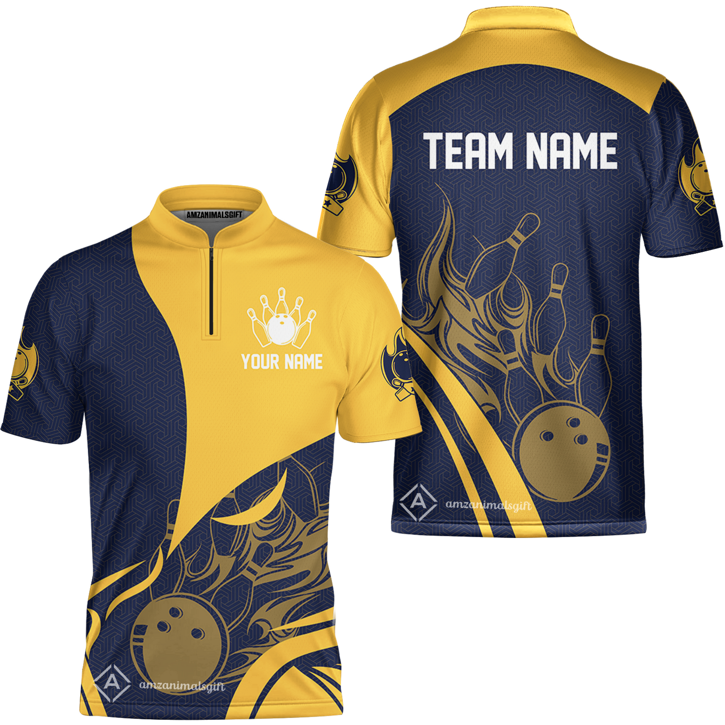 Customized Bowling Stand Collar Quarter-Zip Shirt, Flame Bowling Multicolor Custom Team Uniform Jersey for Bowlers