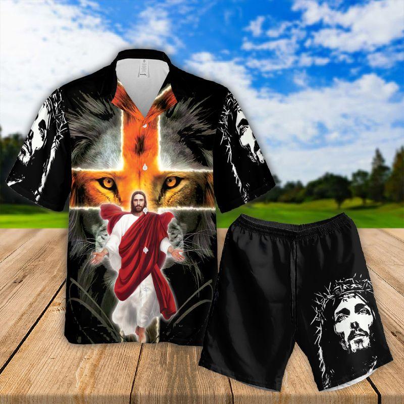 Jesus Aloha Hawaiian Shirts For Summer - Lion Cross God Hawaiian Set For Men Women, Gift For Christians, Friend, Family - Jesus Saved My Life - Amzanimalsgift