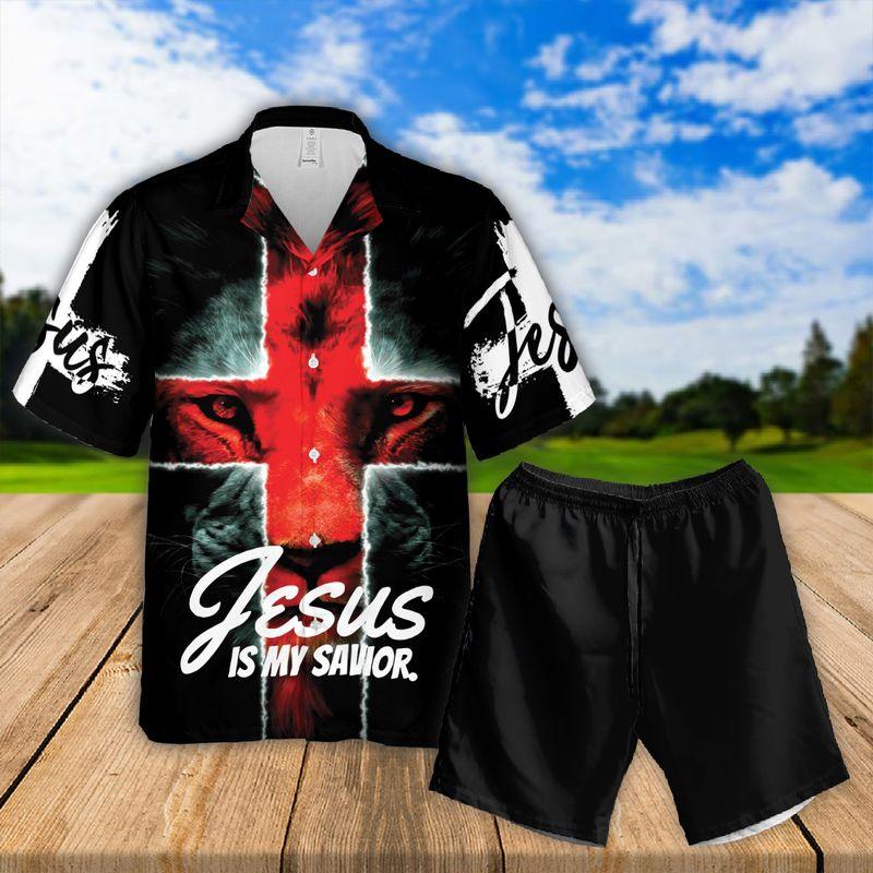Jesus Aloha Hawaiian Shirts For Summer - Lion Cross USA Flag God Bible Hawaiian Set For Men Women, Gift For Christians, Friend - Jesus Is My Savior - Amzanimalsgift