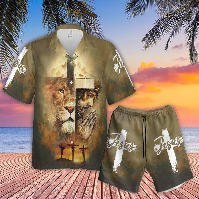 Jesus Aloha Hawaiian Shirts For Summer - Lion Majestic And Cross Hawaiian Set For Men Women, Gift For Christians, Friend, Family - Jesus Is My Savior - Amzanimalsgift