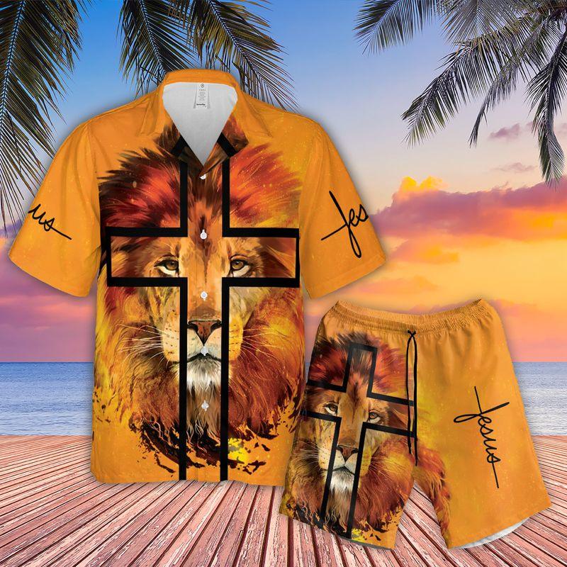 Jesus Aloha Hawaiian Shirts For Summer, Yellow Cross Lion Hawaiian Set Outfits For Men Women, Gift For Christians, Friend, Family - Amzanimalsgift