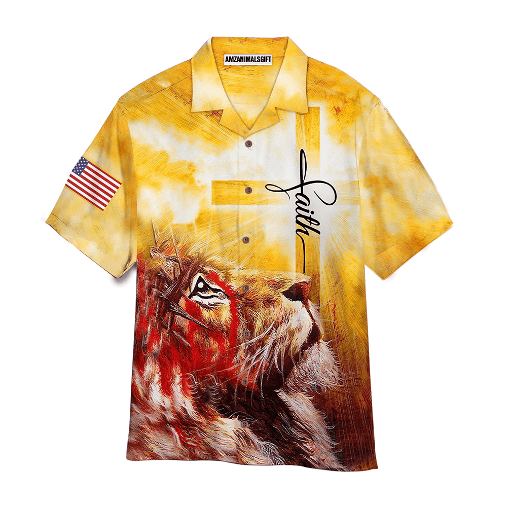 Jesus American Flag And Lion Cross White And Yellow Aloha Hawaiian Shirts For Men Women, 4th Of July Gift For Summer, Friend, Family, Independence Day - Amzanimalsgift