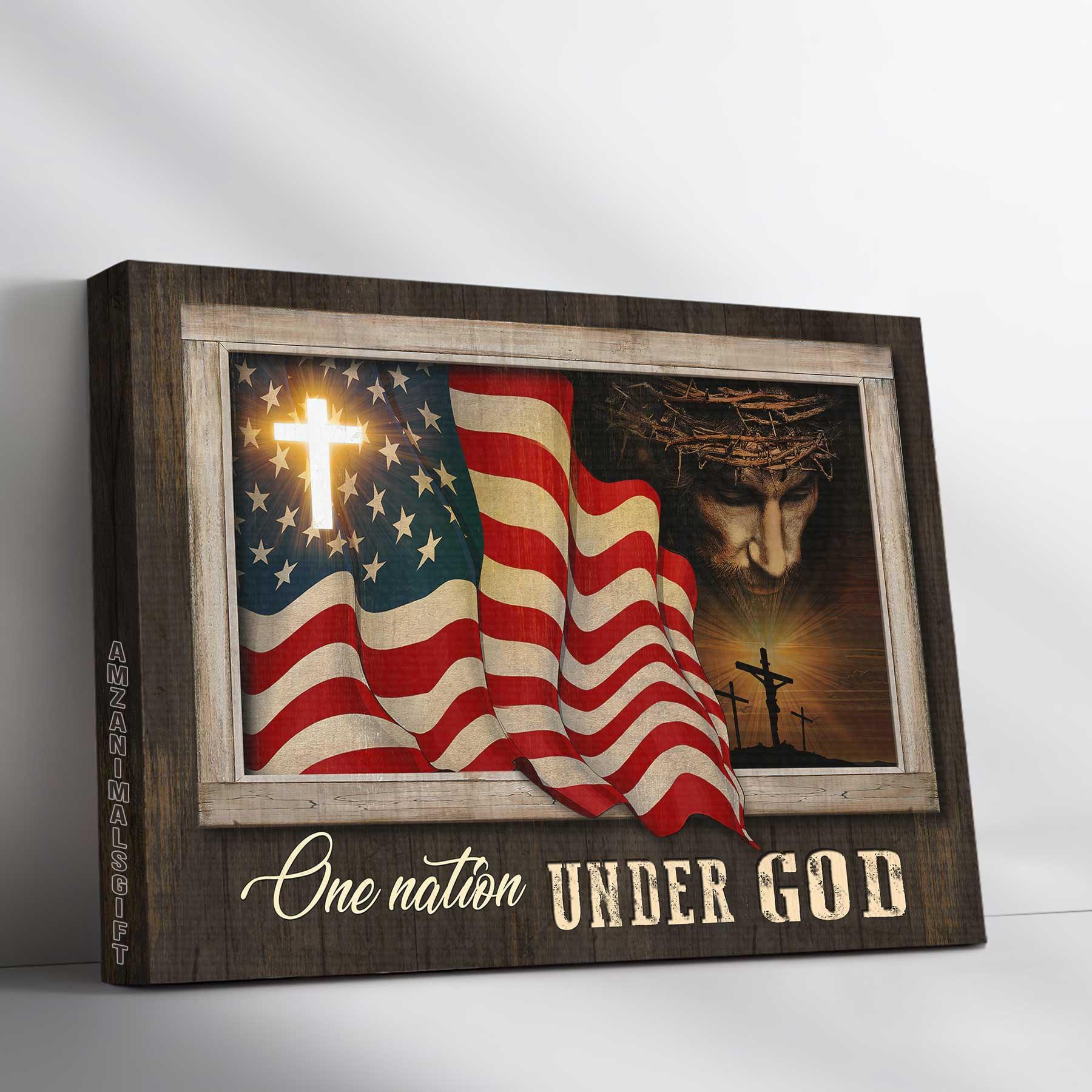 Jesus Landscape Premium Wrapped Canvas, American Flag Cross, 4th Of July Canvas, One Nation Under God Canvas - Gift For Patriotism Christian - Amzanimalsgift
