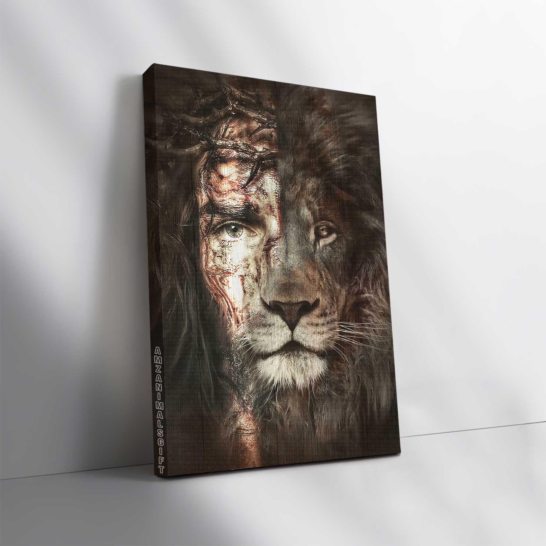 Jesus Portrait Premium Wrapped Canvas- Jesus painting, The lion of Judah, The perfect combination Canvas Prints, Wall Art - Gift for Christian - Amzanimalsgift