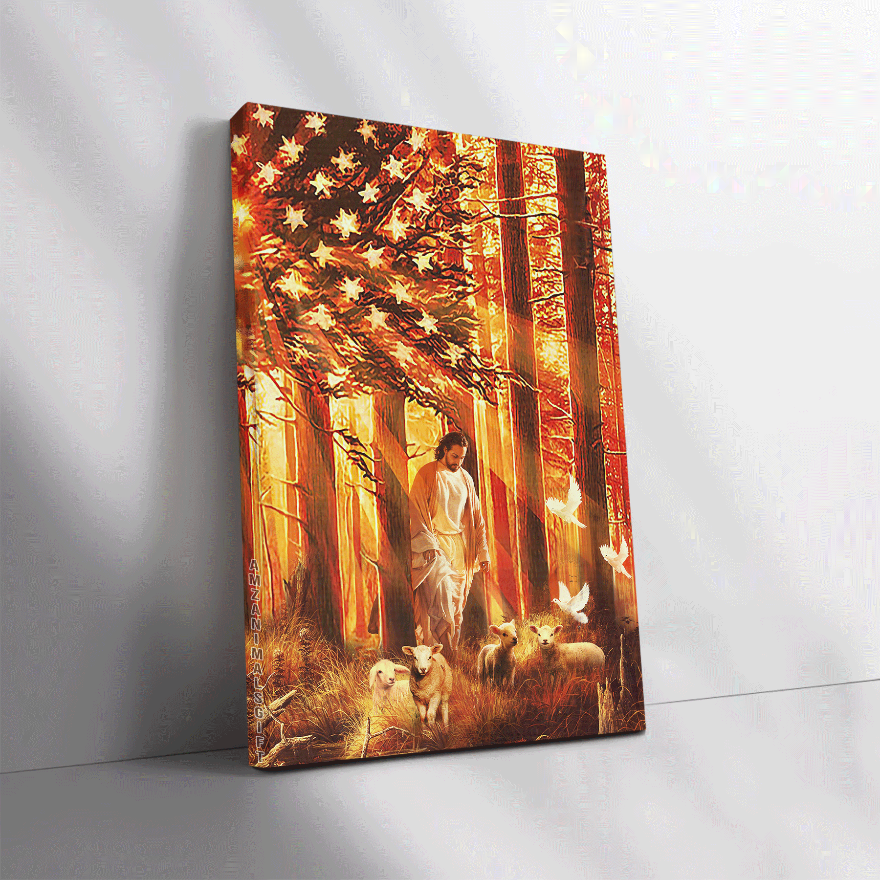 Jesus Portrait Premium Wrapped Canvas- Jesus painting, US Flag, Walking with the lambs, Beautiful forest Canvas - Gift for Christian, Patriotic - Amzanimalsgift
