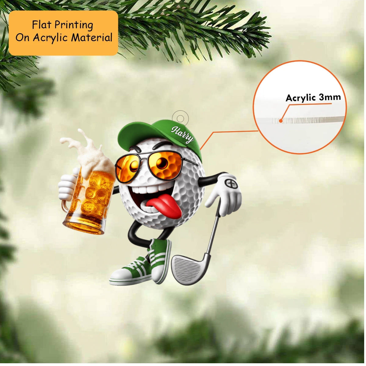 Personalized Funny Golf Christmas Ornament, Crazy Golf Ball Drinking Beer, Custom Ornament Christmas Gift, Keychain Golf, Car Ornament Golf