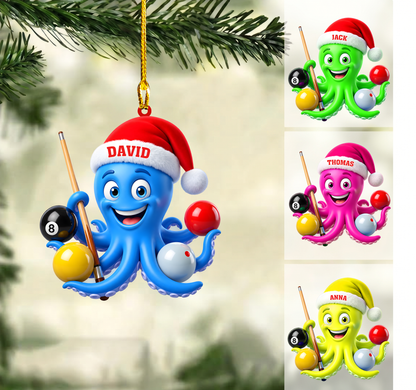 Personalized Billiards Christmas Ornament, Cute Octopus Holding Cue And Balls, Custom Ornament Christmas Gift, Keychain Billiards, Car Ornament Billiards