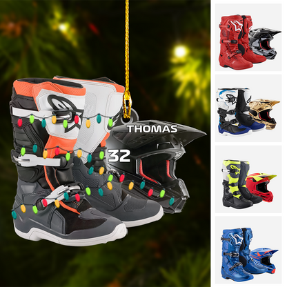 Personalized Motocross Helmet And Shoes Flat Acrylic Ornament, Meaningful Ornament Gifts For Motocross Lovers, Family