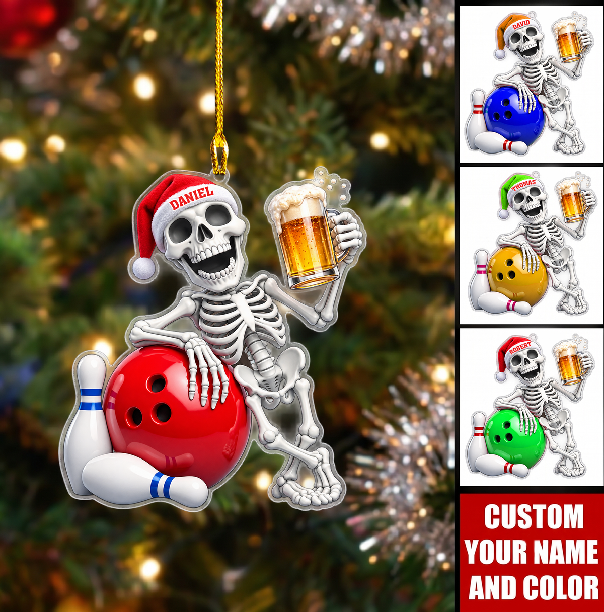Personalized Drinking Buddy Christmas Ornament, Chilling Skeleton Matching Hat And Ball, Custom Ornament Christmas Gift, Keychain Bowling, Car Ornament Bowling