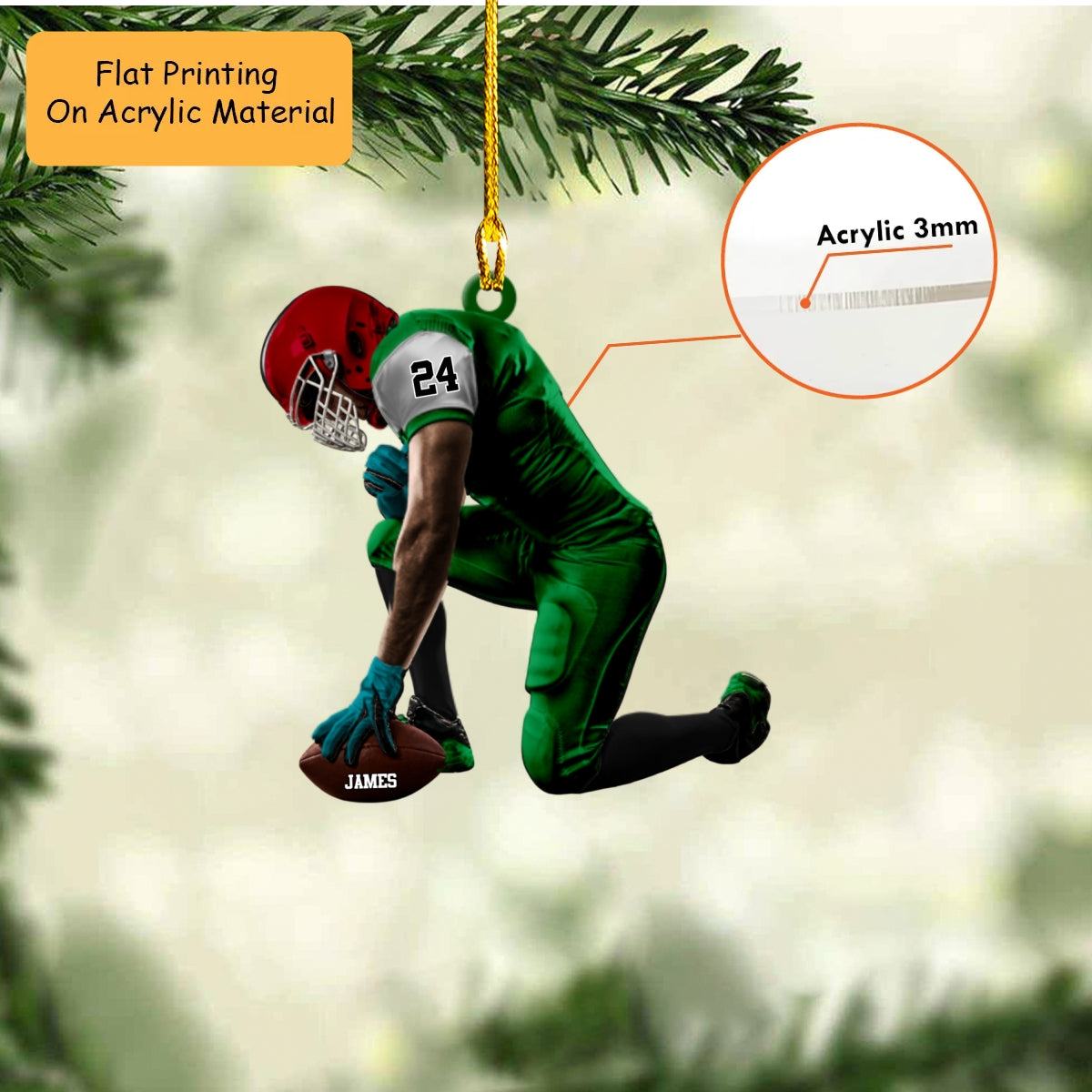 Personalized American Football Christmas Ornament, Kneeling Player Holding Custom Ball, Custom Ornament Christmas Gift, Keychain Football, Car Ornament Football