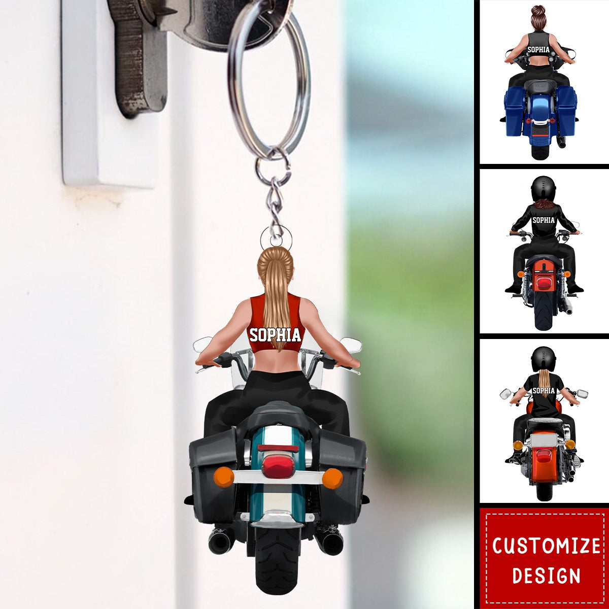Personalized Motorcycle Girl Back View Flat Acrylic Keychain, Meaningful Gifts For Family Members, Friends Love Motorcycle