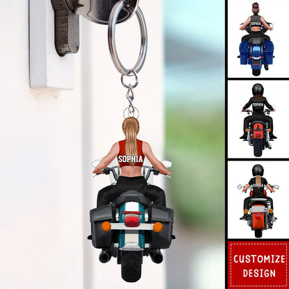 Personalized Motorcycle Girl Back View Flat Acrylic Keychain, Meaningful Gifts For Family Members, Friends Love Motorcycle