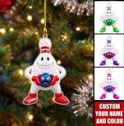 Personalized Bowling Christmas Ornament, Grinning Pin Holding Scared Ball, Custom Ornament Christmas Gift, Keychain Bowling, Car Ornament Bowling