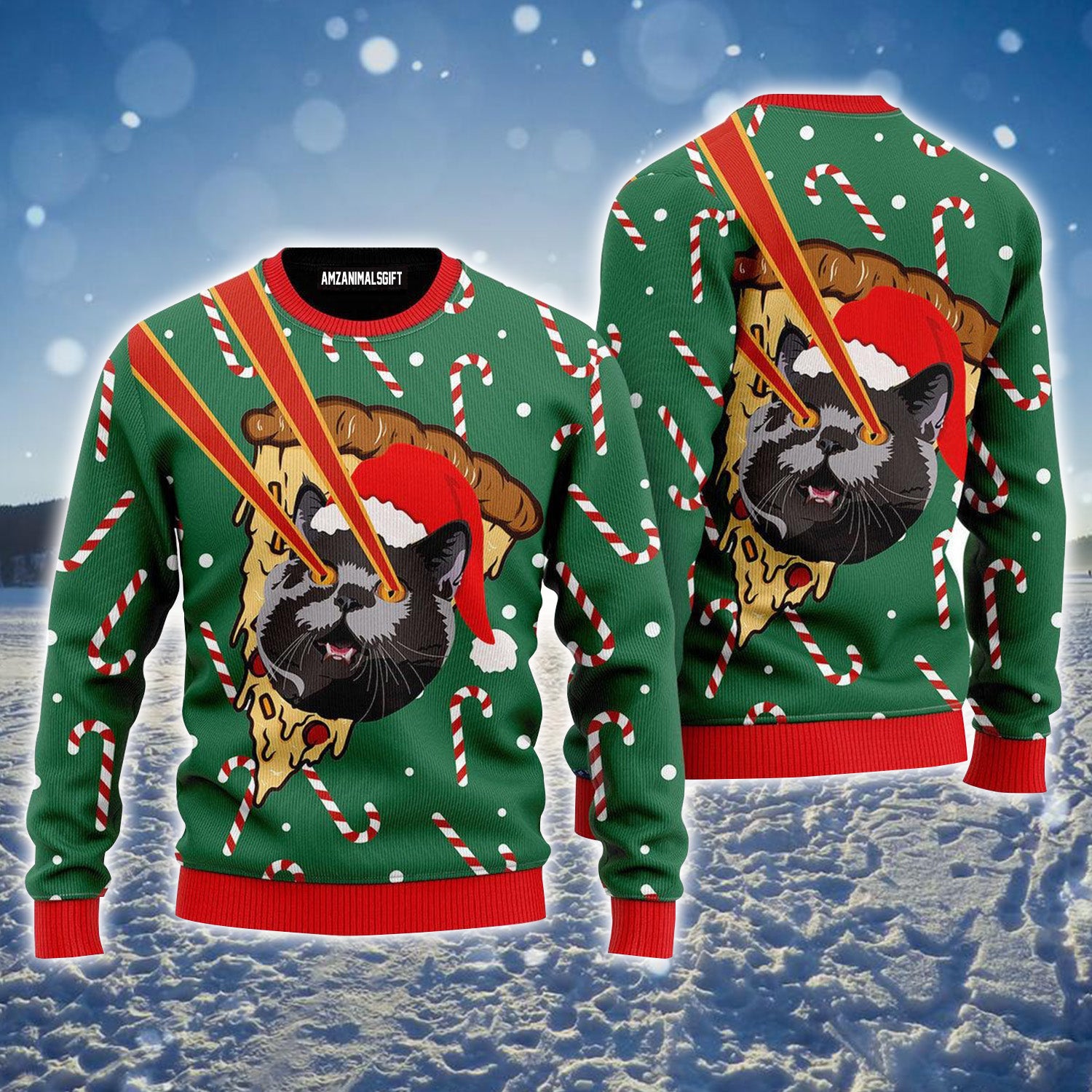 Pizza Cat With Laser Eyes Xmas Ugly Sweater For Men & Women, Perfect Outfit For Christmas New Year Autumn Winter