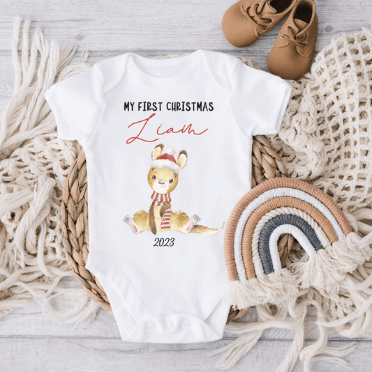 Kangaroo Animal Xmas Personalized Baby Onesie, Christmas outfit, First xmas bodysuit Custom Name, Newborn Onesies - Perfect Gift For Baby, Baby Gift Onesie - Amzanimalsgift