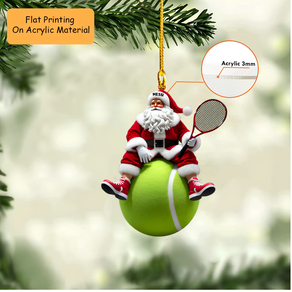 Personalized Tennis Christmas Ornament, Santa Sitting On Giant Ball, Custom Ornament Christmas Gift, Keychain Tennis, Car Ornament Tennis