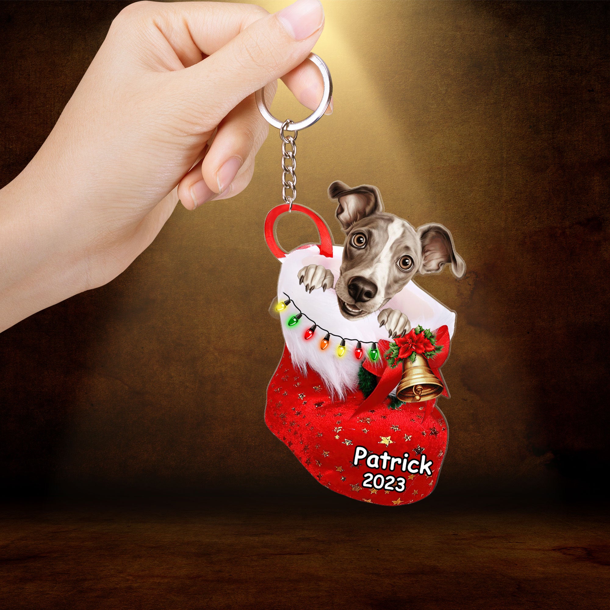 Custom Dog Acrylic Christmas Keychain, Personalized Italian Greyhound In Stocking Christmas Acrylic Keychain for Dog Lover, New Year