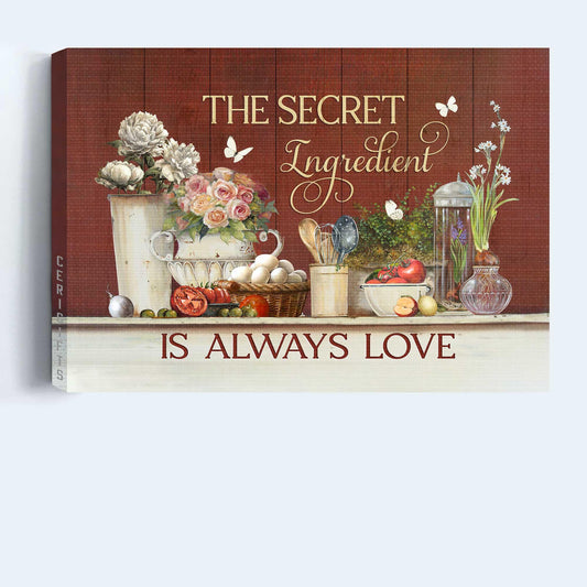Kitchen Premium Wrapped Landscape Canvas - Flower, Vintage Kitchen, Cooking Utensil, The Secret Ingredient Is Always Love - Gift For Kitchen Lovers - Amzanimalsgift