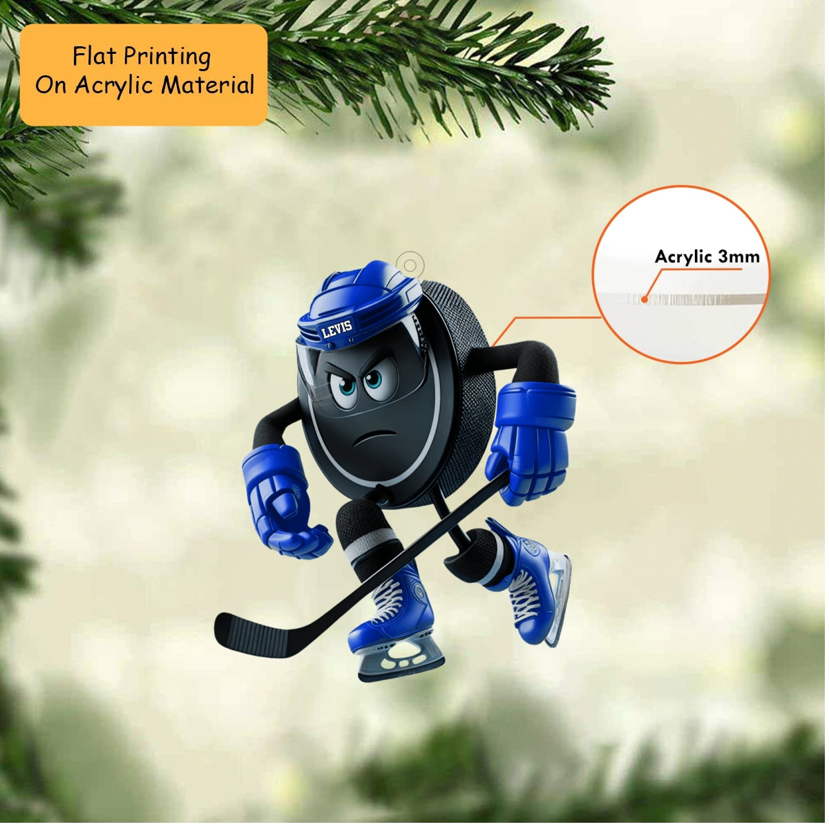 Personalized Ice Hockey Christmas Ornament, Fierce Puck Blue Helmet, Custom Ornament Christmas Gift, Keychain Bowling, Car Ornament Bowling