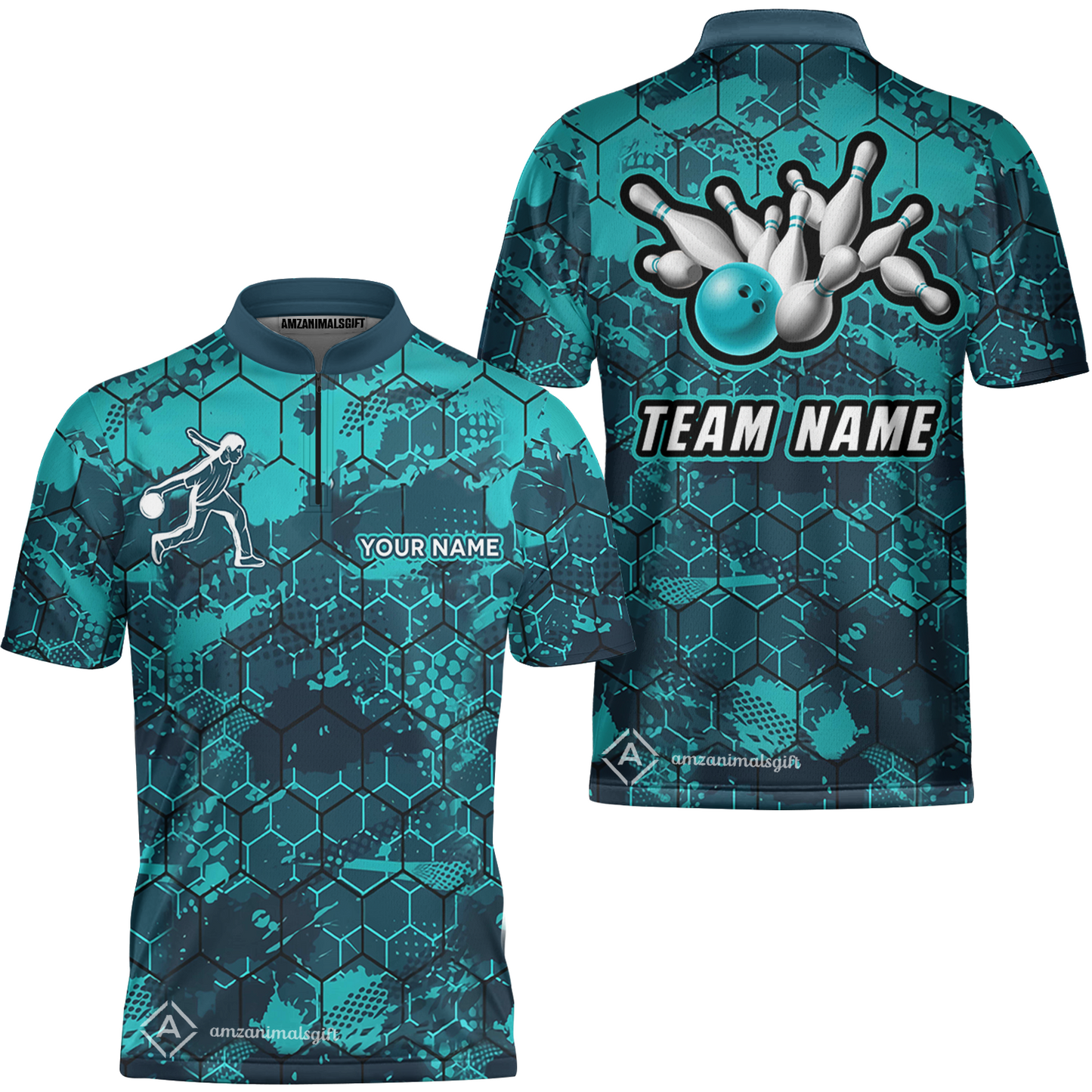 Customized Bowling Polo Shirt, Turquoise And Hexagon Pattern Bowling Polo Shirt, Perfect Outfit For Bowlers