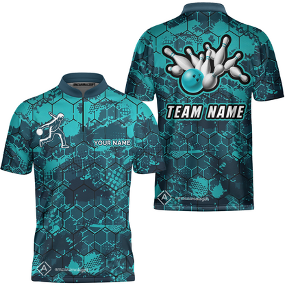 Customized Bowling Polo Shirt, Turquoise And Hexagon Pattern Bowling Polo Shirt, Perfect Outfit For Bowlers