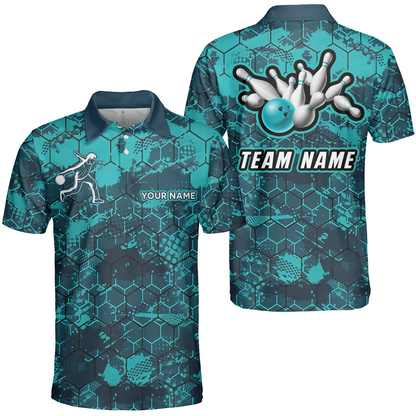 Customized Bowling Polo Shirt, Turquoise And Hexagon Pattern Bowling Polo Shirt, Perfect Outfit For Bowlers