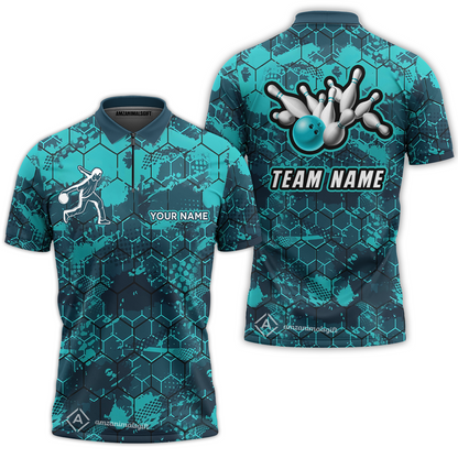 Customized Bowling Polo Shirt, Turquoise And Hexagon Pattern Bowling Polo Shirt, Perfect Outfit For Bowlers