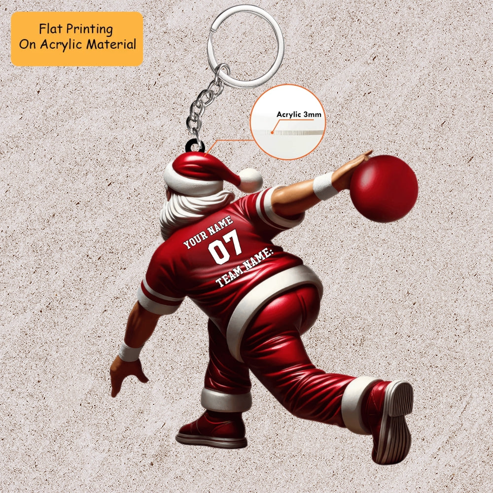 Personalized Bowling Santa Holding Pins Acrylic Ornament, Bowling Keychain, Car Ornament, Christmas Ornament Gifts
