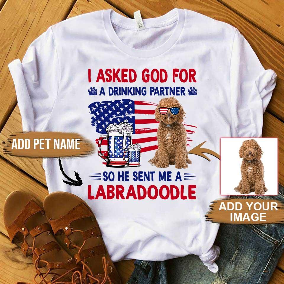 Labradoodle Unisex T Shirt Custom, Customize Name & Photo I Asked God For Labradoodle Personalized American Flag Unisex T Shirt - Gift For Dog Lovers - Amzanimalsgift