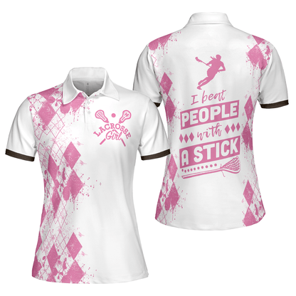 Lacrosse Women Polo Shirt, I Beat People With A Stick Lacrosse Women Polo Shirts, White And Pink Lacrosse Shirt For Ladies, Lacrosse Lovers - Amzanimalsgift