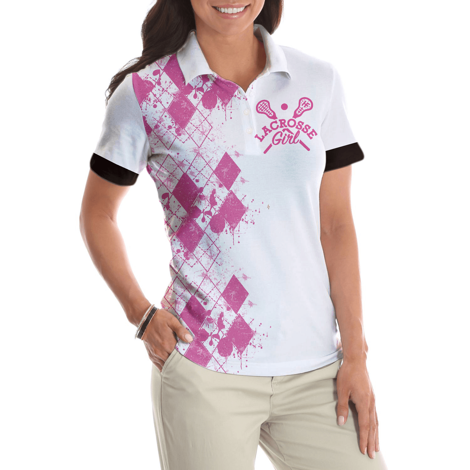 Lacrosse Women Polo Shirt, I Beat People With A Stick Lacrosse Women Polo Shirts, White And Pink Lacrosse Shirt For Ladies, Lacrosse Lovers - Amzanimalsgift