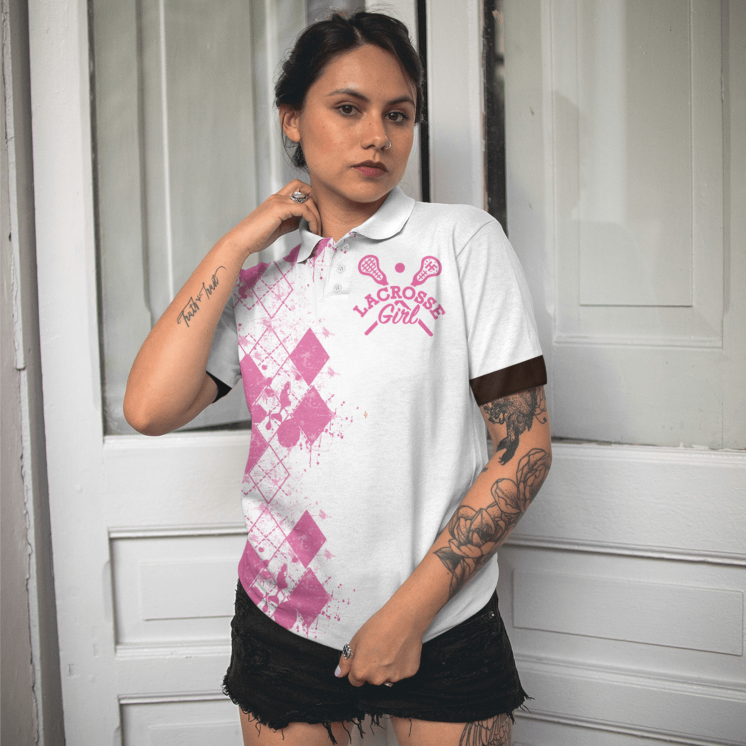 Lacrosse Women Polo Shirt, I Beat People With A Stick Lacrosse Women Polo Shirts, White And Pink Lacrosse Shirt For Ladies, Lacrosse Lovers - Amzanimalsgift
