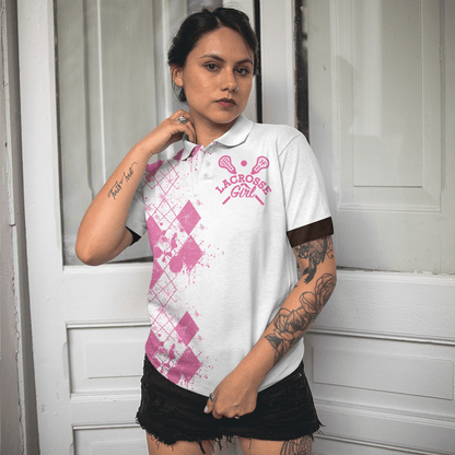 Lacrosse Women Polo Shirt, I Beat People With A Stick Lacrosse Women Polo Shirts, White And Pink Lacrosse Shirt For Ladies, Lacrosse Lovers - Amzanimalsgift