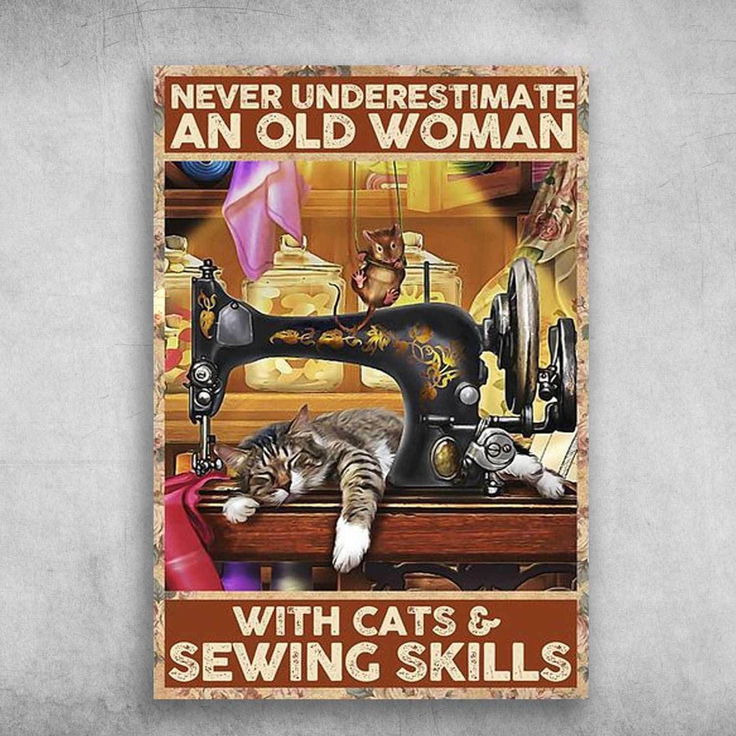 Lazy Cat Portrait Canvas - Never Underestimate An Old Woman With Cats And Sewing Skills Canvas - Perfect Gift For Cat Lover - Amzanimalsgift
