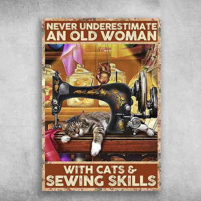 Lazy Cat Portrait Canvas - Never Underestimate An Old Woman With Cats And Sewing Skills Canvas - Perfect Gift For Cat Lover - Amzanimalsgift