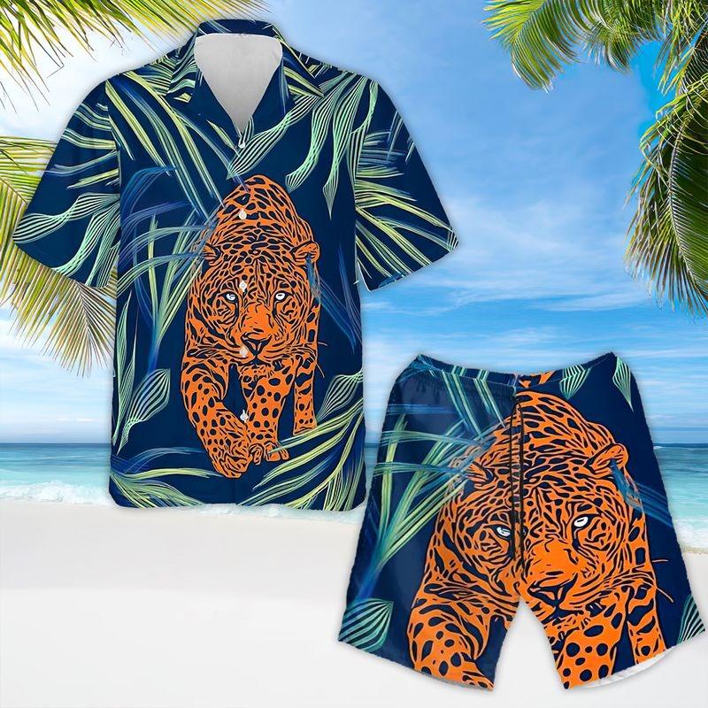 Leopard Aloha Hawaiian Shirt - Orange Leopard Hawaiian Shirt, Tropical Leaf Pattern Wildlife Animal Hawaiian Shirt For Men & Women, Leopard Lover - Amzanimalsgift