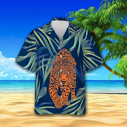 Leopard Aloha Hawaiian Shirt - Orange Leopard Hawaiian Shirt, Tropical Leaf Pattern Wildlife Animal Hawaiian Shirt For Men & Women, Leopard Lover - Amzanimalsgift