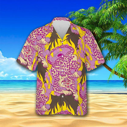 Leopard Aloha Hawaiian Shirts For Summer, Pink Leopard Pattern On Fire Wildlife Animal Hawaiian Set For Men Women, Gift For Leopard Lovers, Friend - Amzanimalsgift