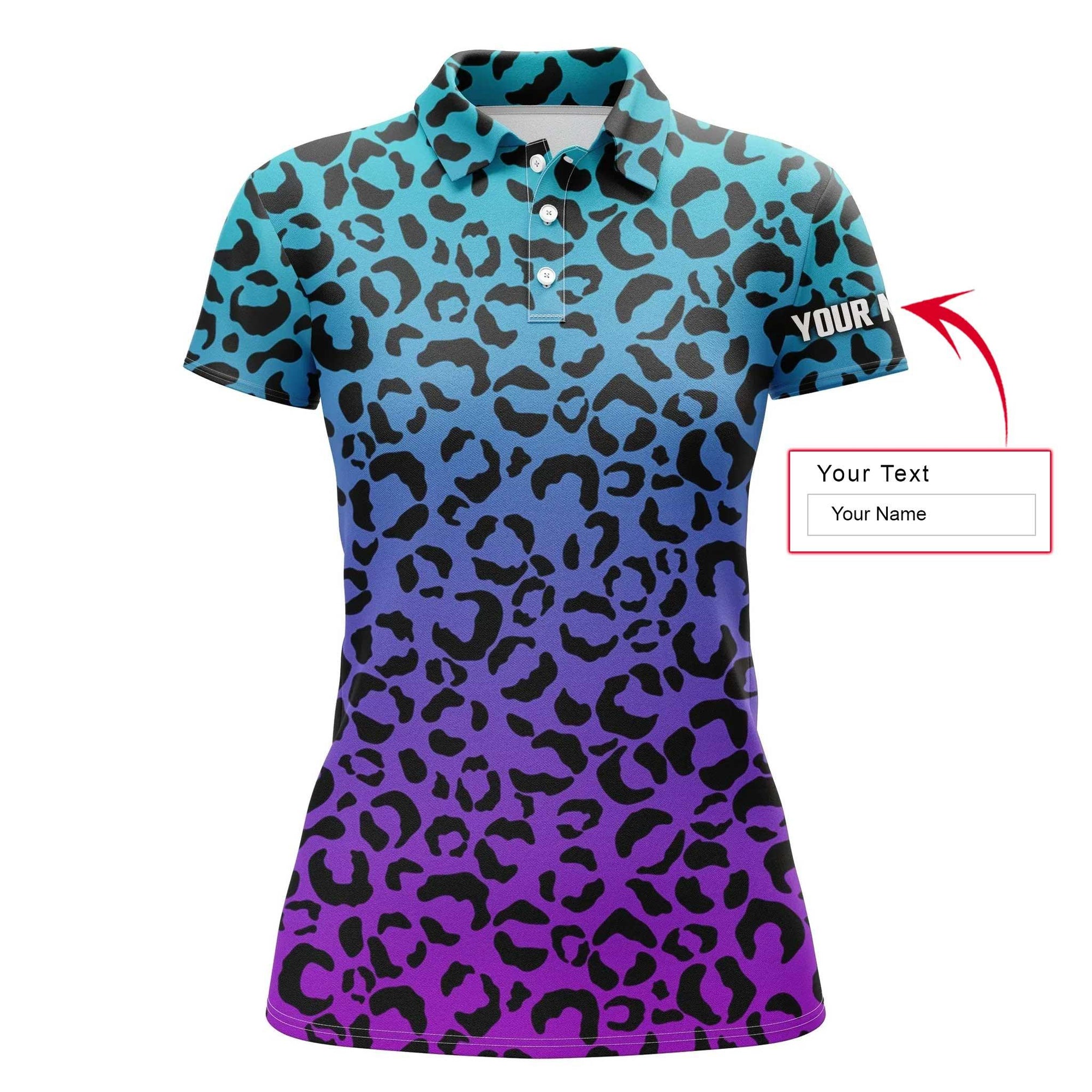 Leopard Pattern Custom Name Women Polo Shirt, Blue Purple Neon Leopard Pattern Personalized Outfit Women Polo Shirts, Gift For Ladies, Women - Amzanimalsgift