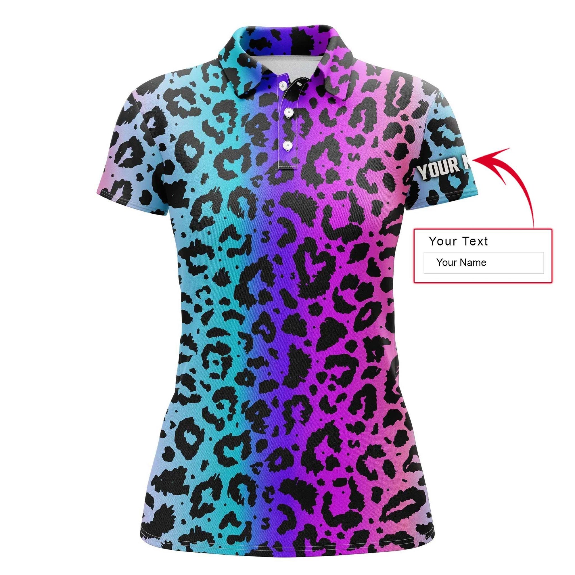 Leopard Pattern Custom Name Women Polo Shirt, Colorful Neon Gradient Leopard Print Pattern Personalized Women Polo Shirts, Gift For Ladies, Women - Amzanimalsgift