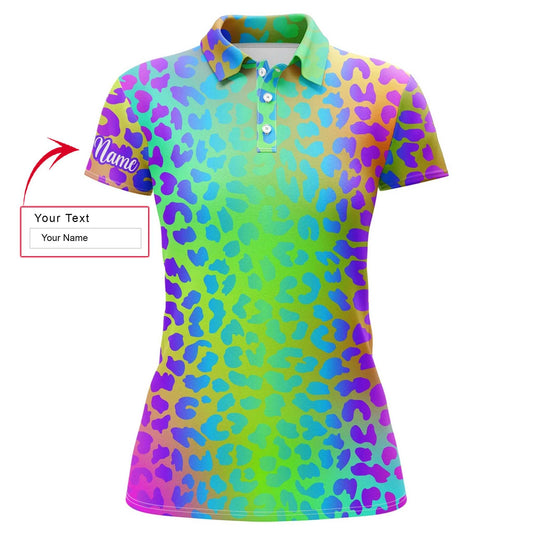 Leopard Pattern Custom Name Women Polo Shirt, Neon Rainbow Leopard Pattern Print Personalized Women Polo Shirts, Golf Tops, Gift For Ladies, Women - Amzanimalsgift