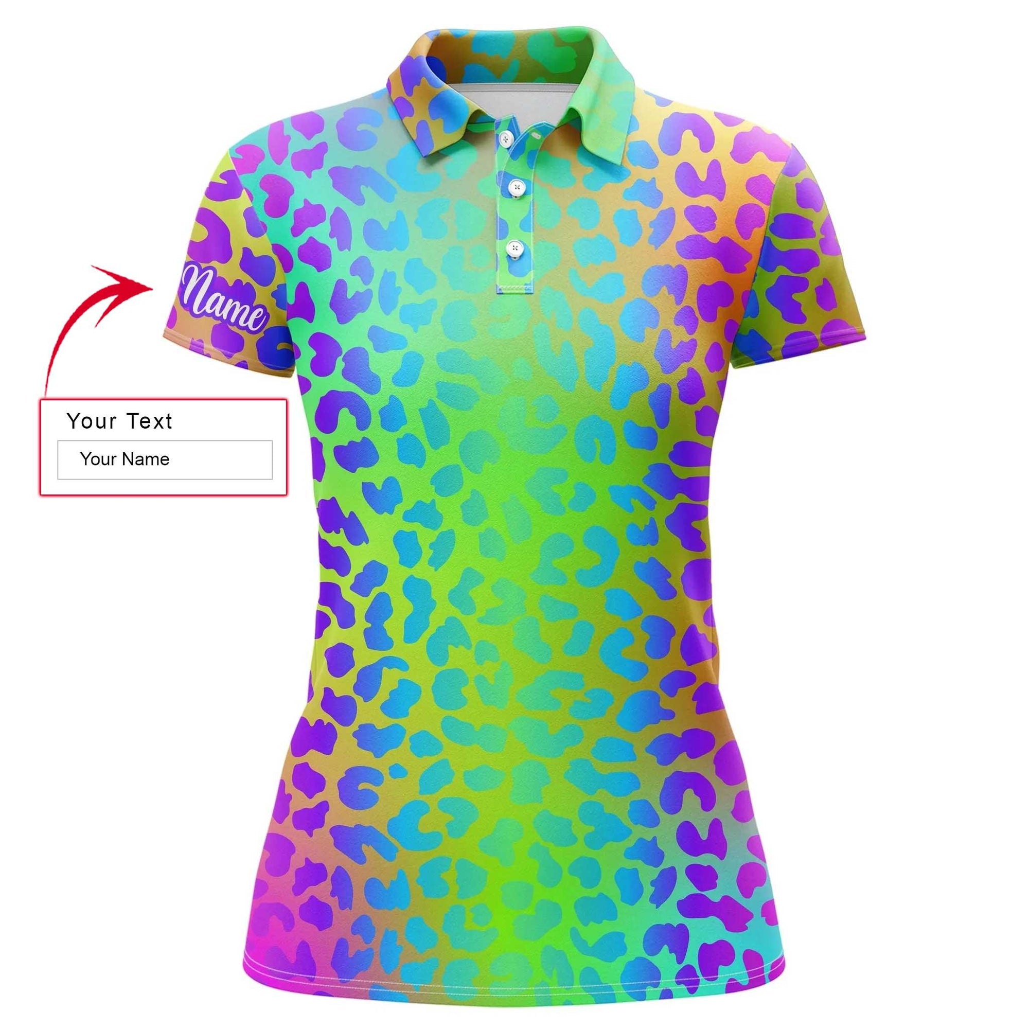 Leopard Pattern Custom Name Women Polo Shirt, Neon Rainbow Leopard Pattern Print Personalized Women Polo Shirts, Golf Tops, Gift For Ladies, Women - Amzanimalsgift