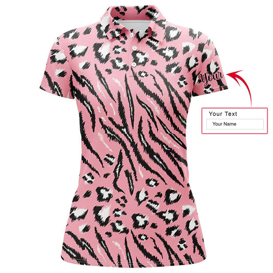 Leopard Pattern Custom Name Women Polo Shirt, Pink Tiger Leopard Texture Personalized Women Polo Shirts, Unique Golf Gift For Ladies, Sport Lovers - Amzanimalsgift