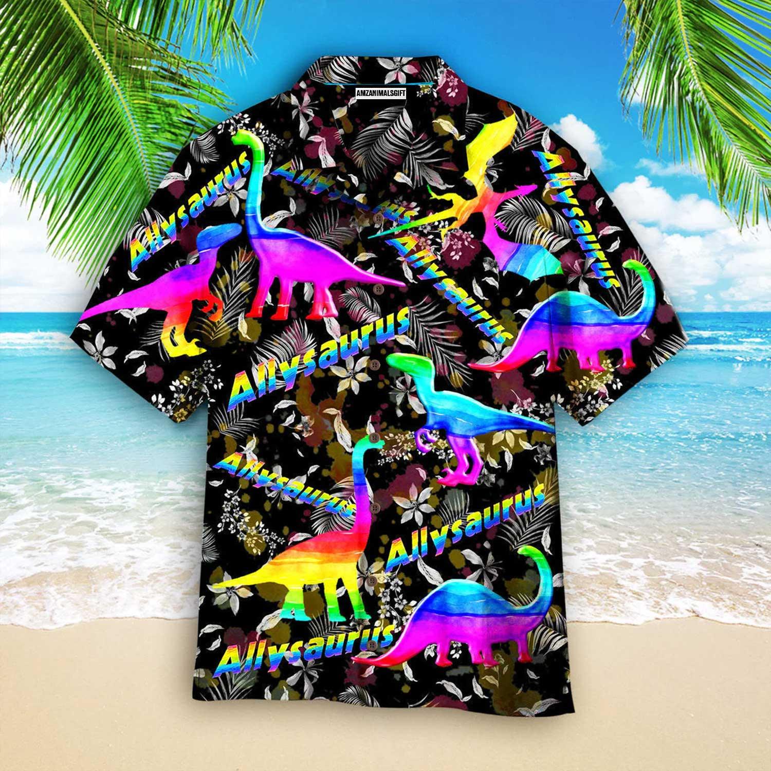 LGBT Aloha Hawaiian Shirts For Summer, Allysaurus Pride LGBT Ally Dinosaur Aloha Hawaiian Shirts For Men Women, Perfect Gift For Friend - Amzanimalsgift