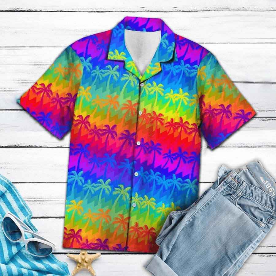 LGBT Aloha Hawaiian Shirts For Summer, Coconut Palm Tree Colorful Rainbow LGBT Pride Hawaiian Shirts, Gift For Couple Gaymer And Lesbian - Amzanimalsgift