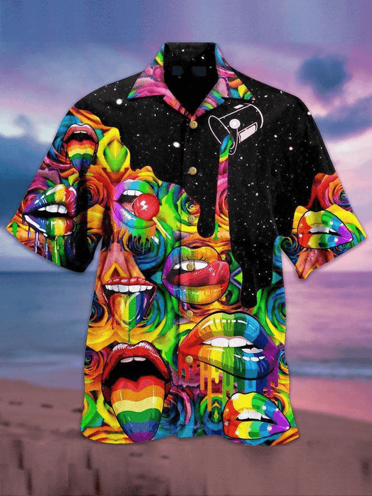 LGBT Aloha Hawaiian Shirts For Summer, Color Mouths Candy And Lips Pride Colorful Rainbow LGBT Hawaiian Shirts, Gift For Couple Gaymer And Lesbian - Amzanimalsgift