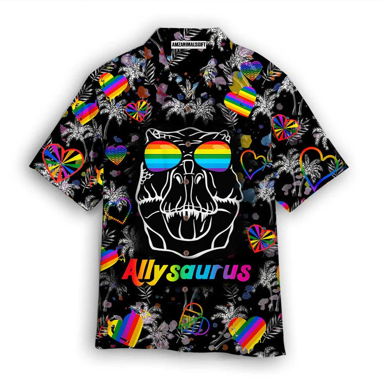 LGBT Aloha Hawaiian Shirts For Summer, Dinosaur Allysaurus Happy Pride Month Colorful Rainbow Of LGBT Hawaiian Shirts, Gift For Gaymer And Lesbian - Amzanimalsgift