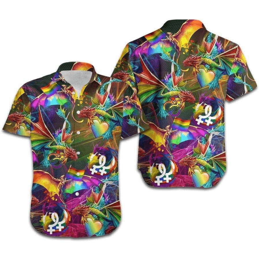 LGBT Aloha Hawaiian Shirts For Summer, Dragon Colorful Rainbow LGBT Pride Hawaiian Shirts, Gift For Couple Gaymer And Lesbian - Amzanimalsgift