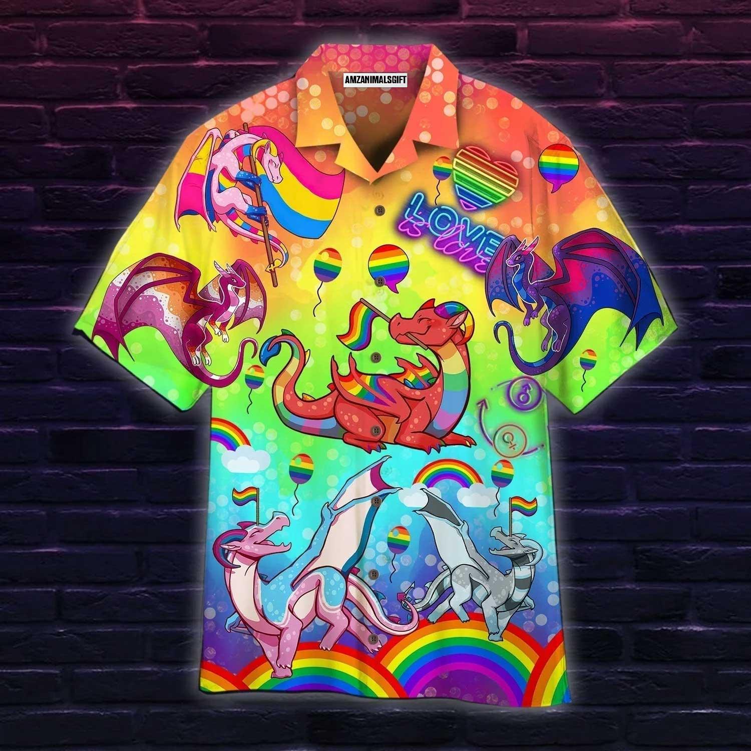 LGBT Aloha Hawaiian Shirts For Summer, Dragon Happy Pride Month LGBTQ Rainbow Colorful Hawaiian Shirts, Gift For Gaymer And Lesbian, Dragon Lovers - Amzanimalsgift
